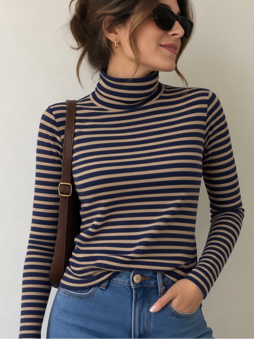 J.Crew Tissue Turtleneck Navy Camel Stripe 100% Cotton Size S